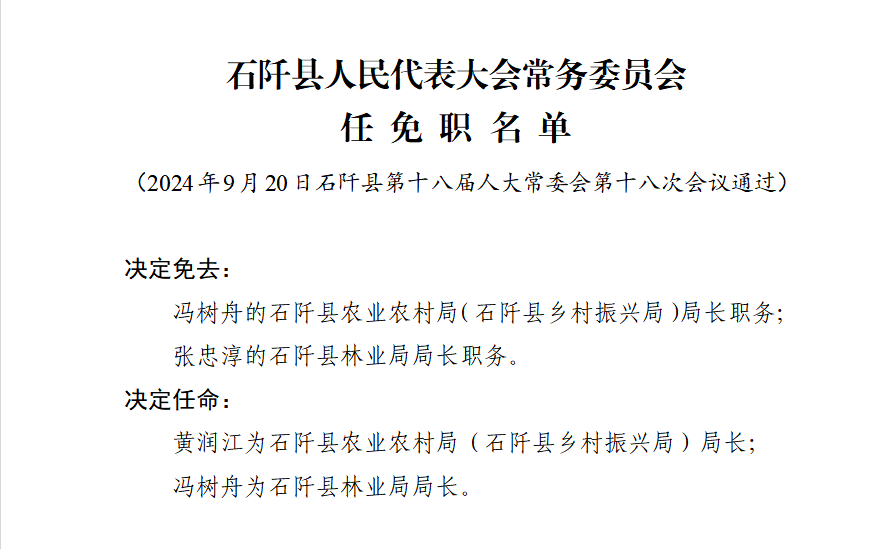 石瓦村人事任命最新动态